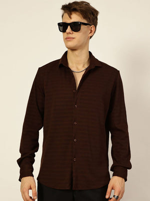 Thomas Scott Men Brown Premium Regular Fit Long Sleeves Spread Collar Textured Casual Shirt