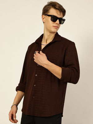Thomas Scott Men Brown Premium Regular Fit Long Sleeves Spread Collar Textured Casual Shirt