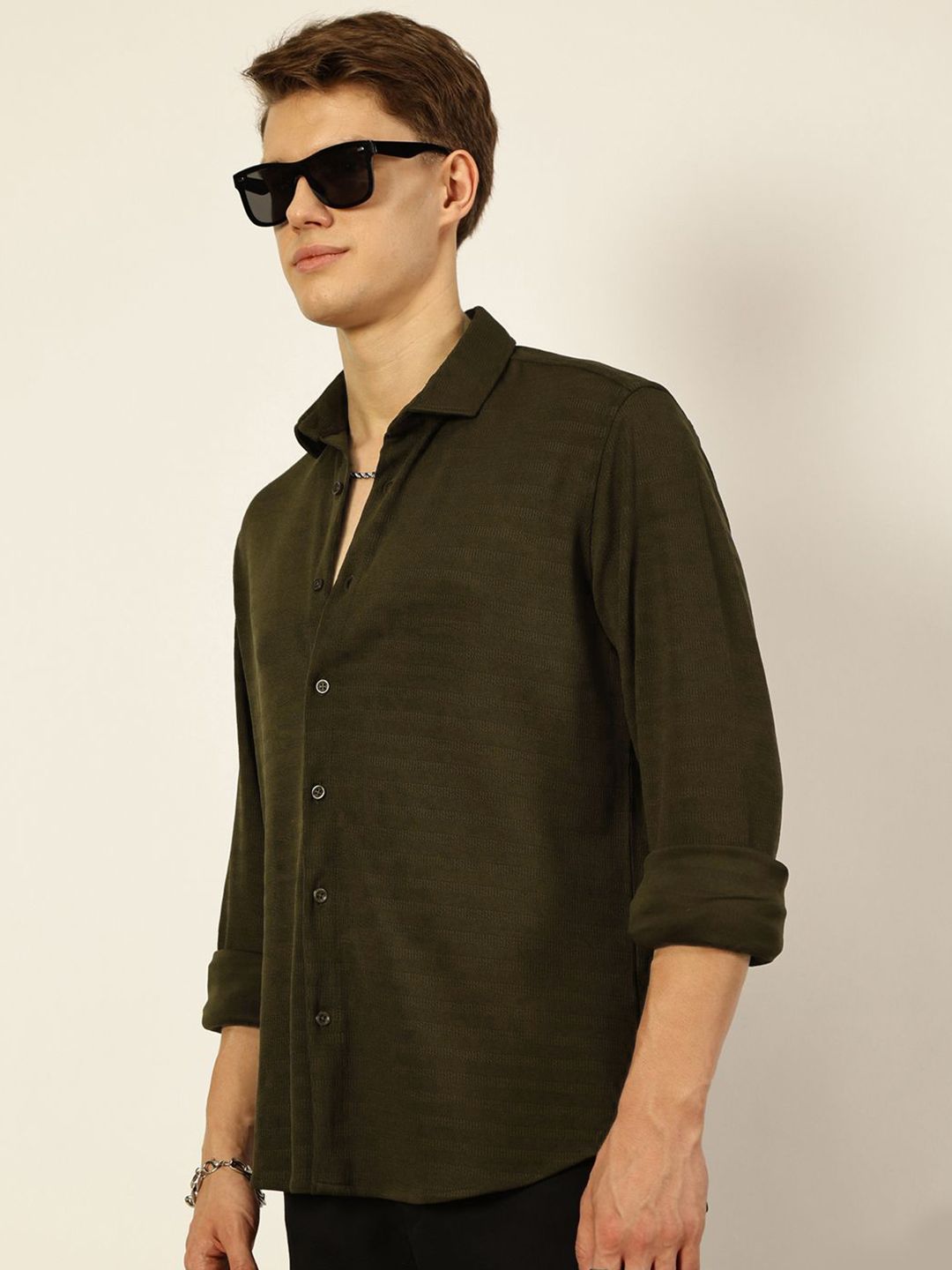Green Premium Horizontal Stripes Opaque Casual Shirt For Men