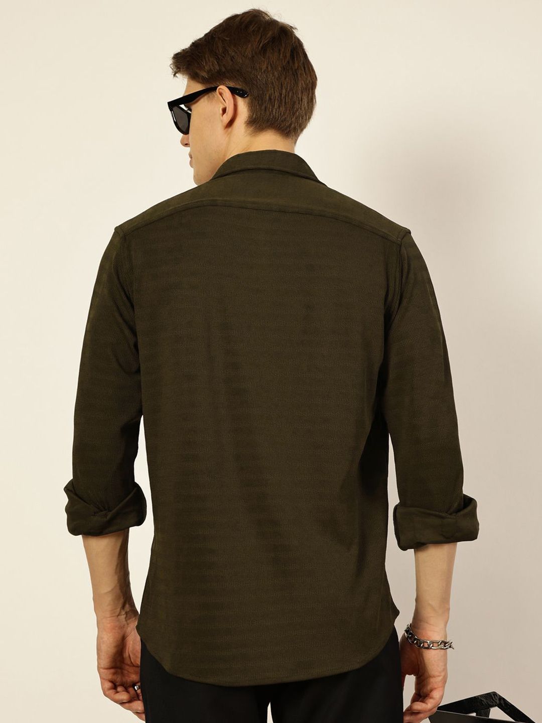 Green Premium Horizontal Stripes Opaque Casual Shirt For Men