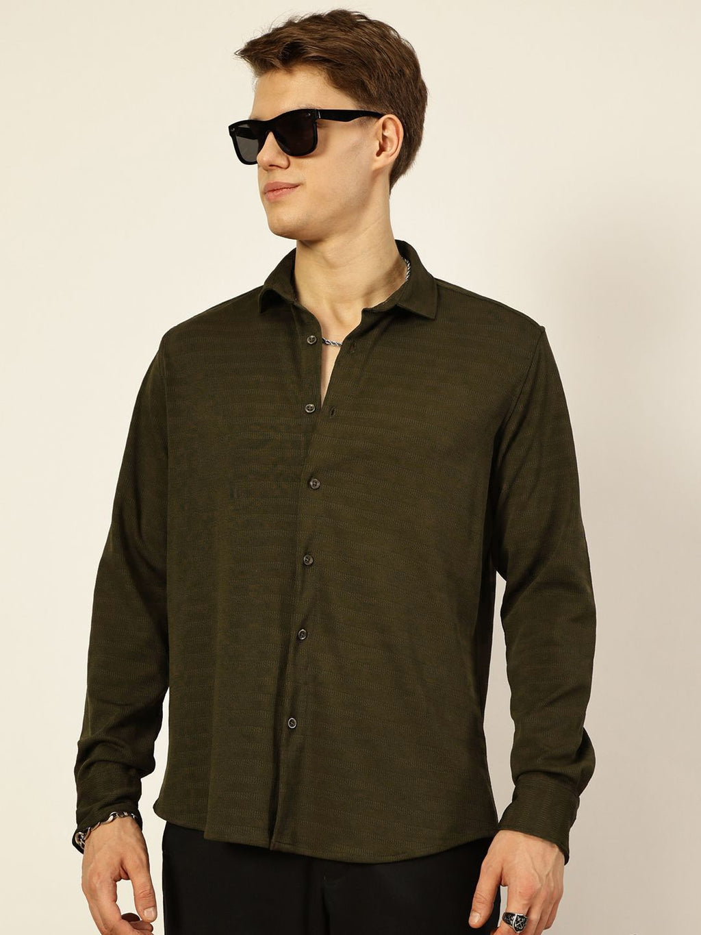 Green Premium Horizontal Stripes Opaque Casual Shirt For Men