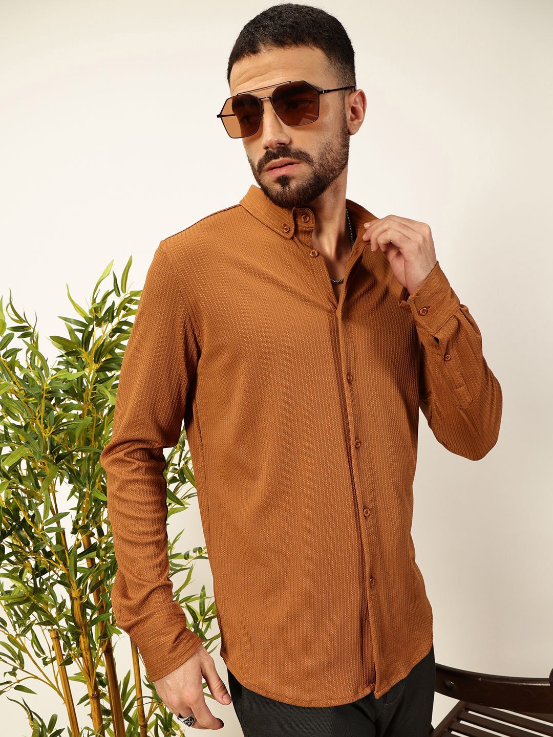 Brown Premium Slim Fit Vertical Stripes Textured Casual Shirt For Men