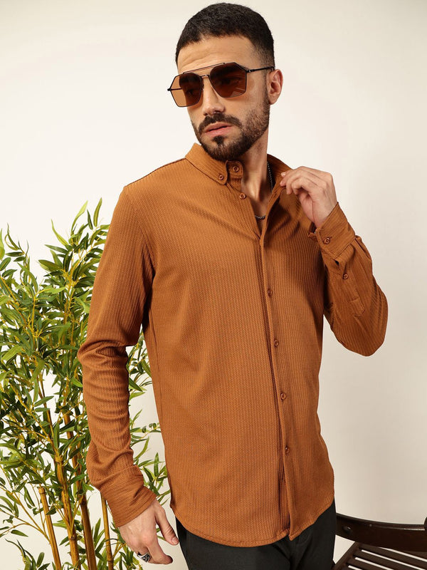 Brown Premium Slim Fit Vertical Stripes Textured Casual Shirt For Men
