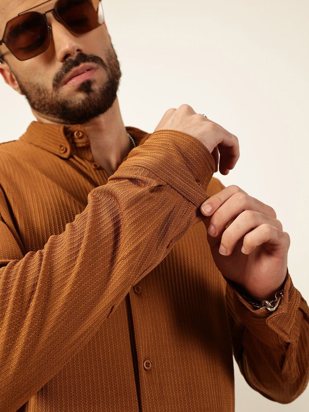 Brown Premium Slim Fit Vertical Stripes Textured Casual Shirt For Men