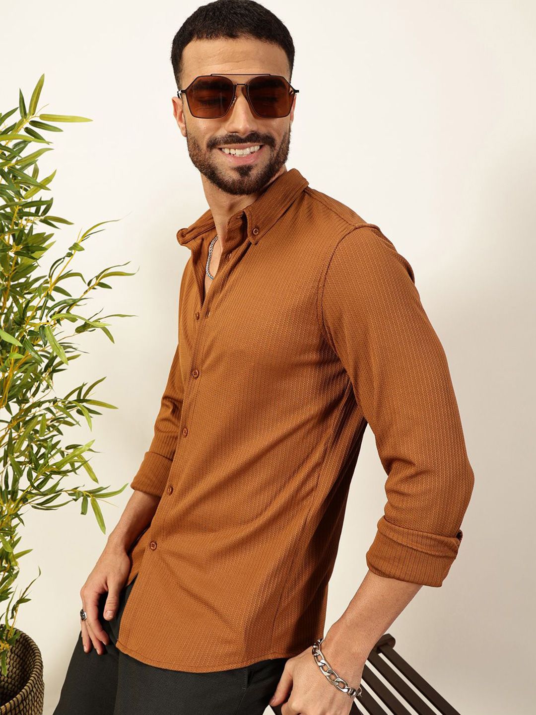 Brown Premium Slim Fit Vertical Stripes Textured Casual Shirt For Men
