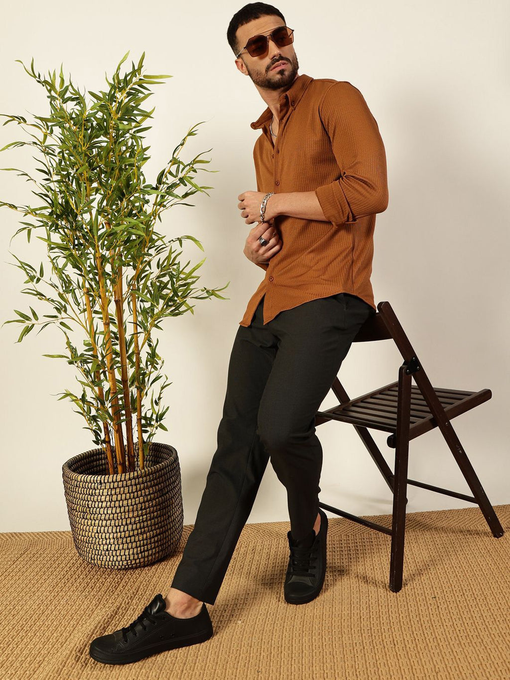 Brown Premium Slim Fit Vertical Stripes Textured Casual Shirt For Men
