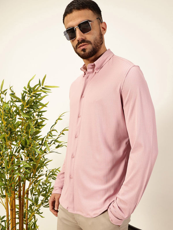 Pink Premium Slim Fit Vertical Stripes Textured Casual Shirt For Men