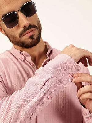 Pink Premium Slim Fit Vertical Stripes Textured Casual Shirt For Men