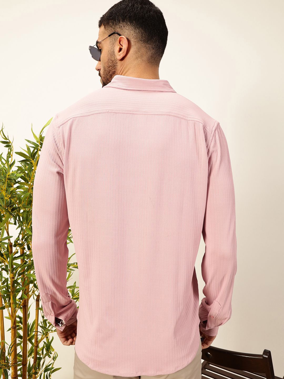 Pink Premium Slim Fit Vertical Stripes Textured Casual Shirt For Men