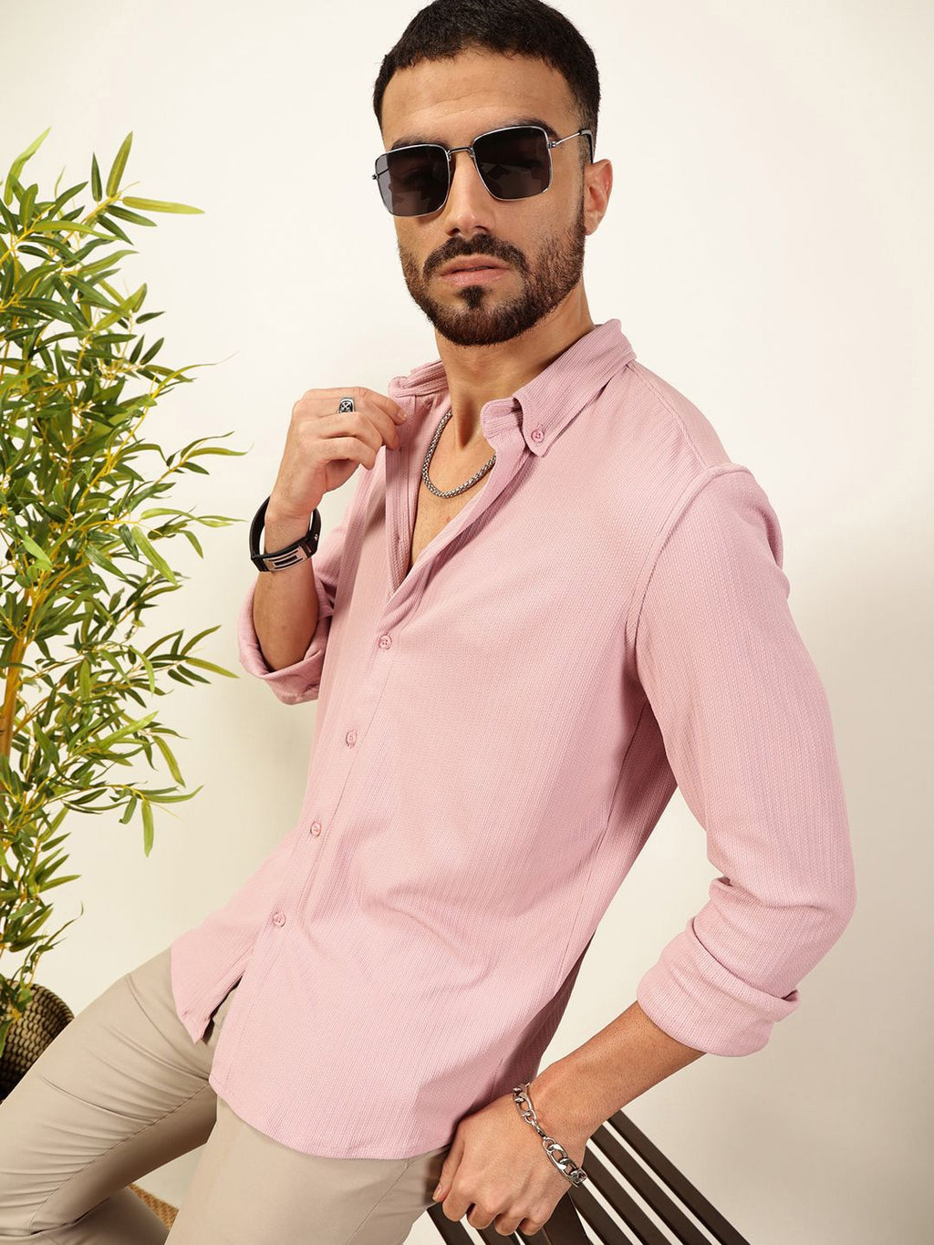 Pink Premium Slim Fit Vertical Stripes Textured Casual Shirt For Men