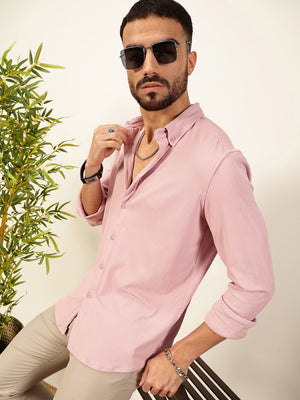 Pink Premium Slim Fit Vertical Stripes Textured Casual Shirt For Men