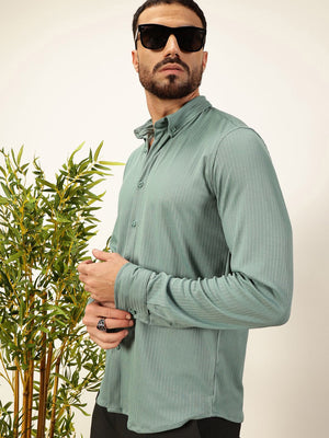 Sage Green Premium Slim Fit Vertical Stripes Textured Casual Shirt For Men