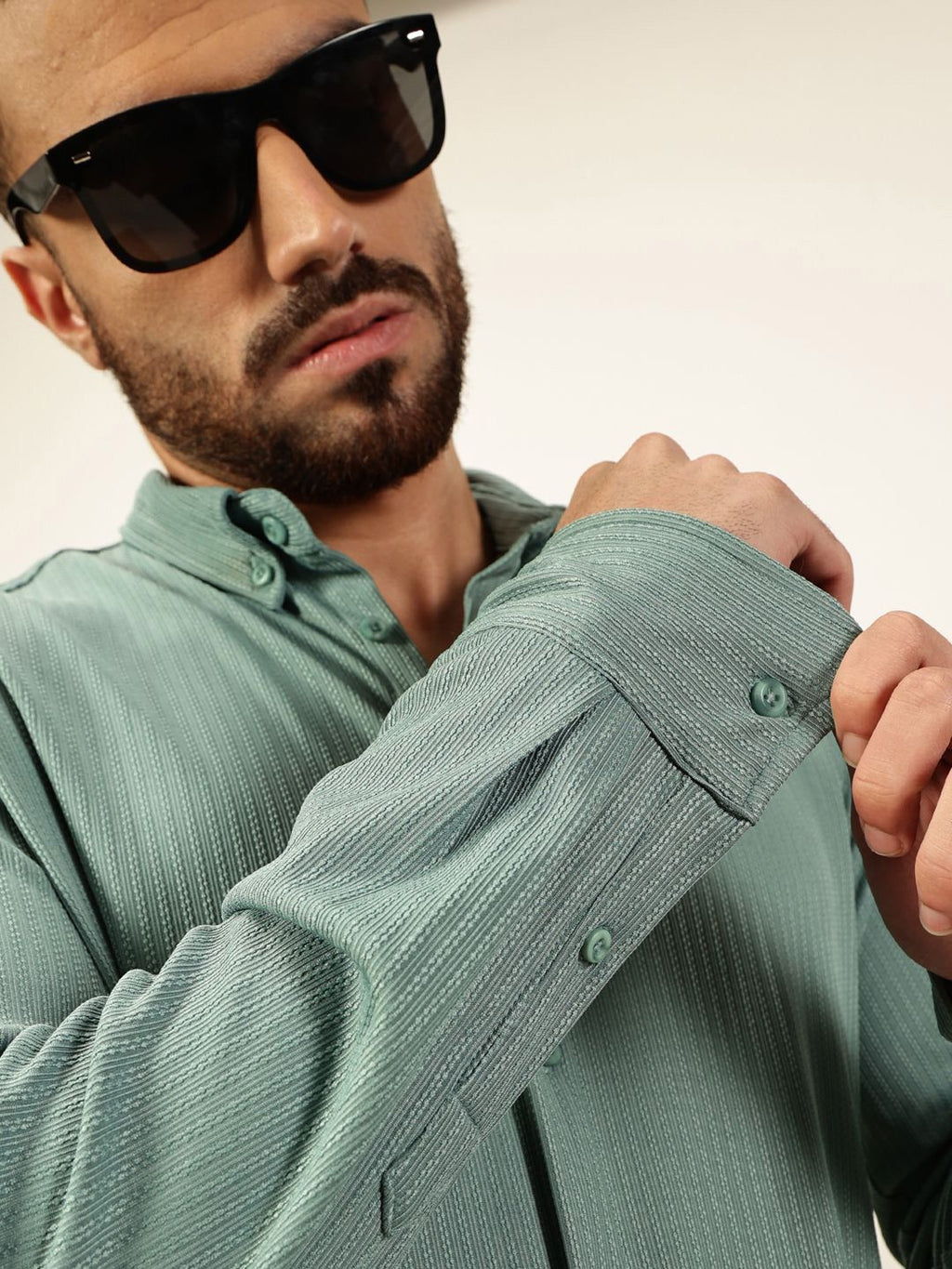 Sage Green Premium Slim Fit Vertical Stripes Textured Casual Shirt For Men
