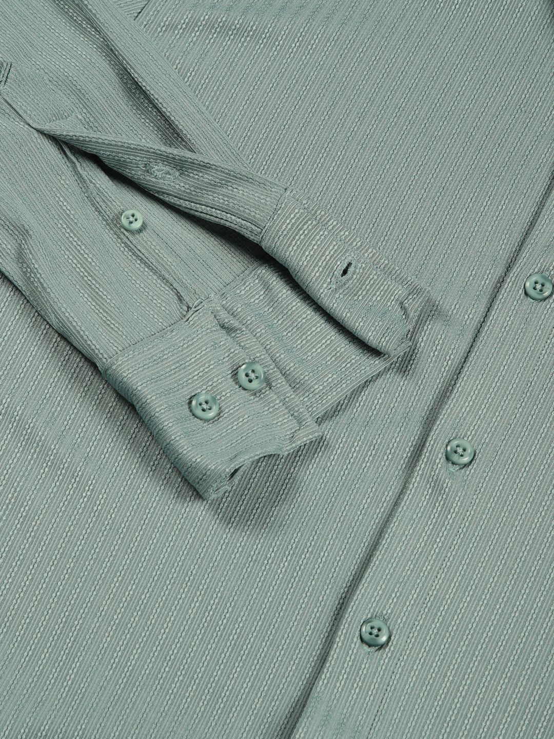 Sage Green Premium Slim Fit Vertical Stripes Textured Casual Shirt For Men