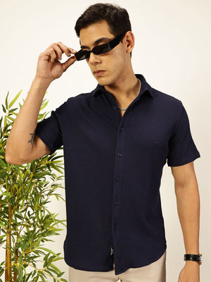 Blue Premium Slim Fit Vertical Stripes Textured Casual Shirt For Men