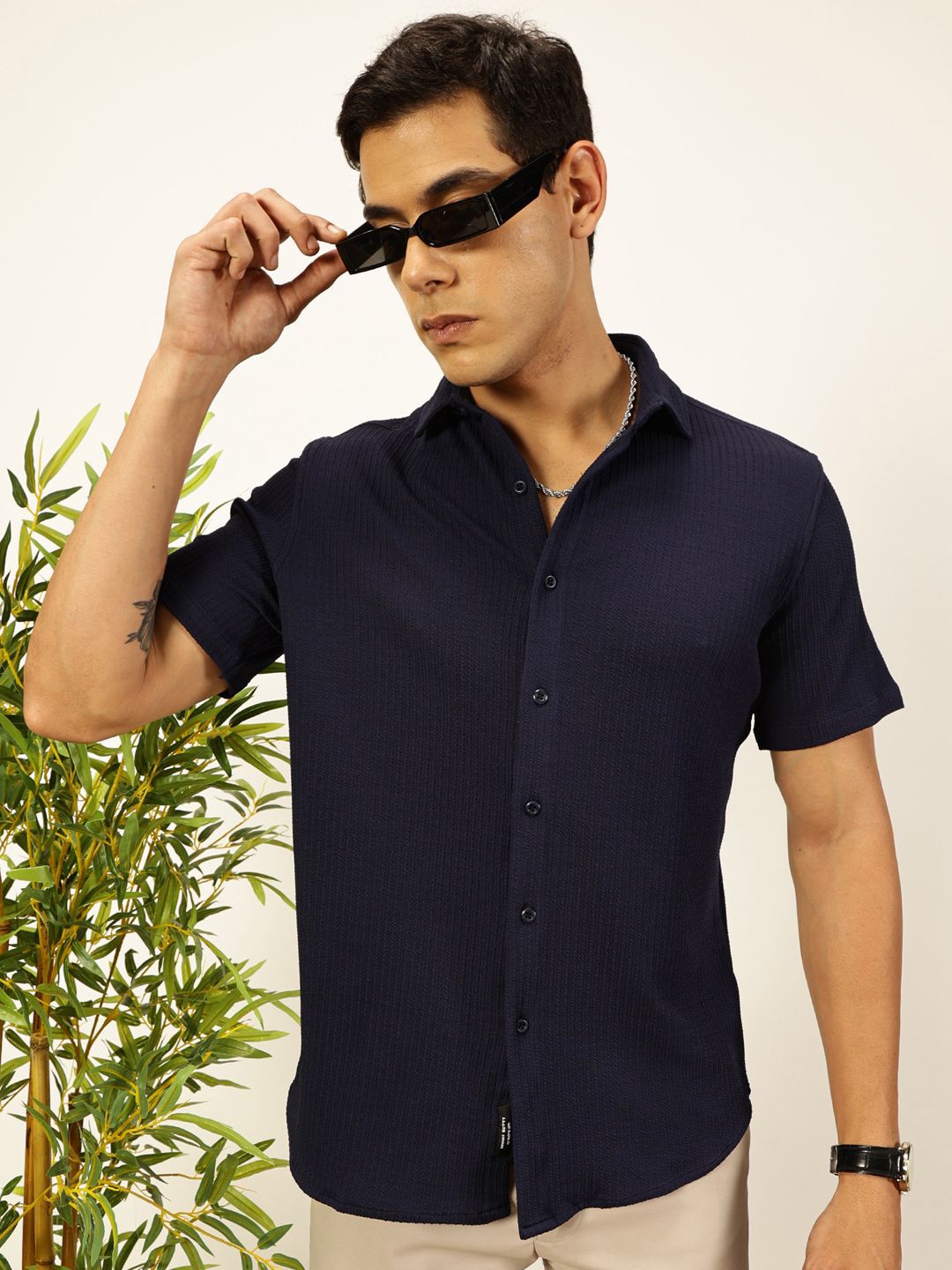 Blue Premium Slim Fit Vertical Stripes Textured Casual Shirt For Men