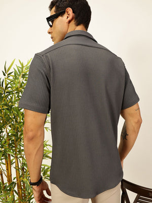 Grey Premium Slim Fit Vertical Stripes Textured Casual Shirt For Men