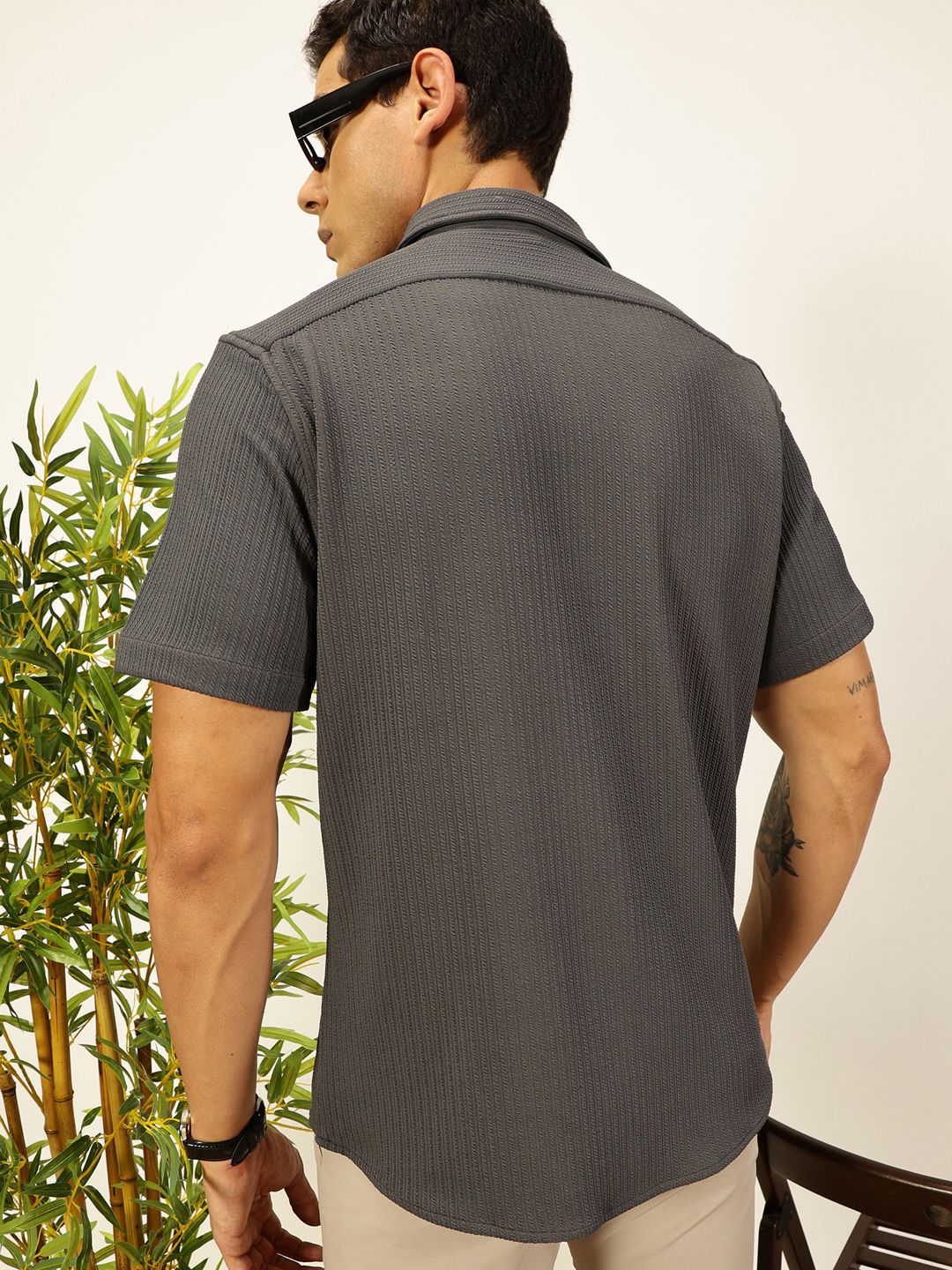 Grey Premium Slim Fit Vertical Stripes Textured Casual Shirt For Men