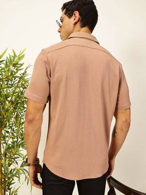 Thomas Scott Men Peach Premium Slim Fit Short Sleeves Vertical Stripes Casual Shirt