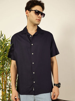 Navy Premium Cuban Collar Solid Oversized Casual Shirt For Men