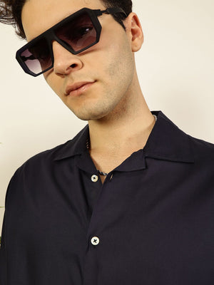 Navy Premium Cuban Collar Solid Oversized Casual Shirt For Men