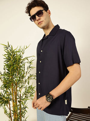 Navy Premium Cuban Collar Solid Oversized Casual Shirt For Men