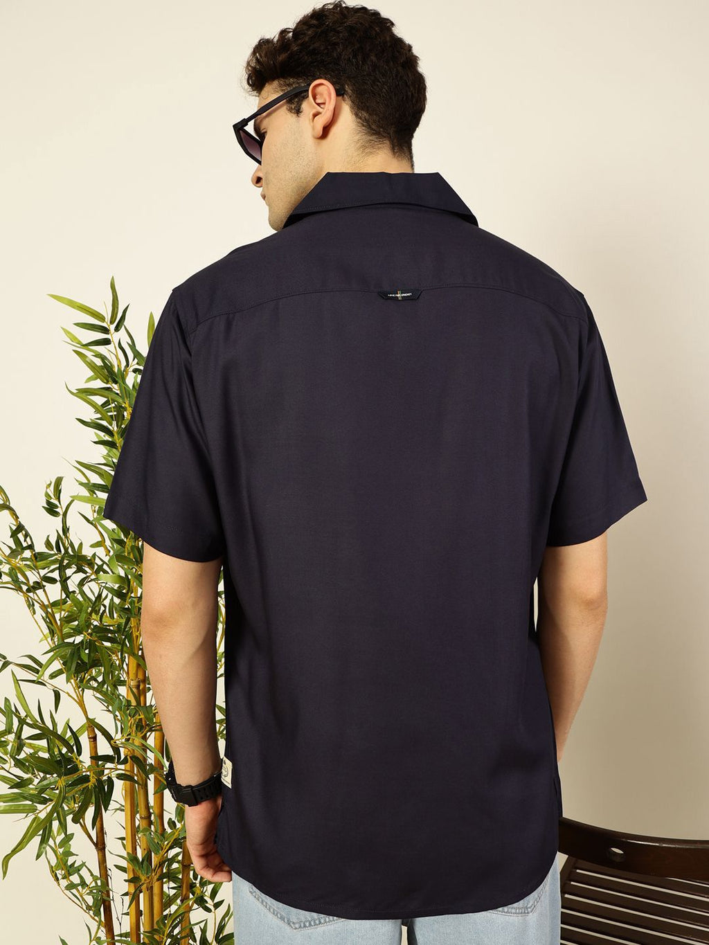 Navy Premium Cuban Collar Solid Oversized Casual Shirt For Men