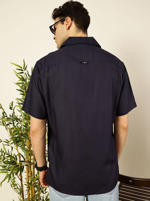 Navy Premium Cuban Collar Solid Oversized Casual Shirt For Men