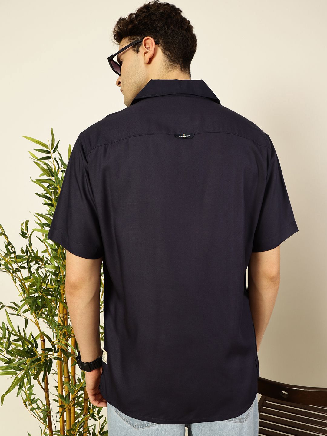 Navy Premium Cuban Collar Solid Oversized Casual Shirt For Men
