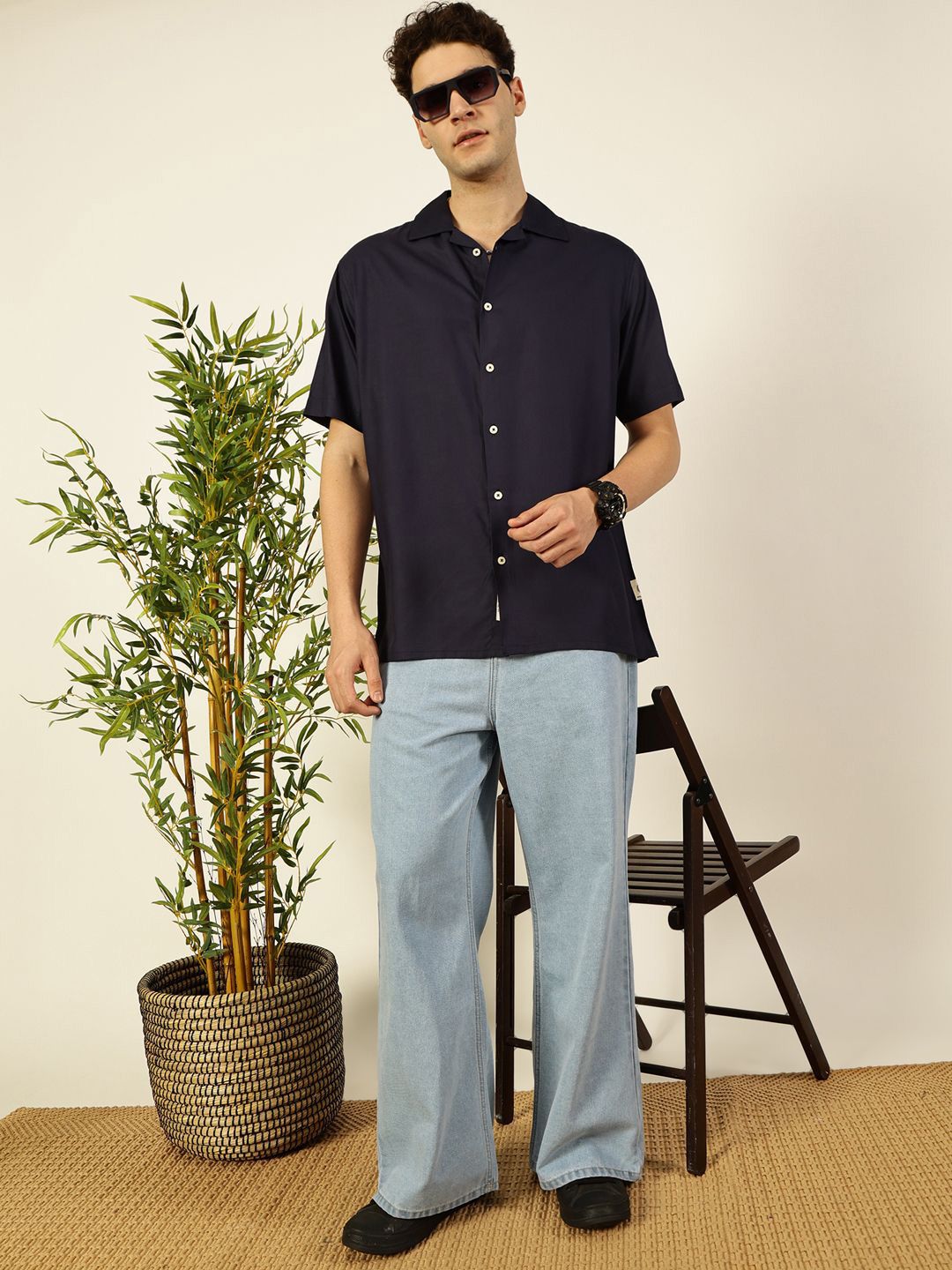 Navy Premium Cuban Collar Solid Oversized Casual Shirt For Men