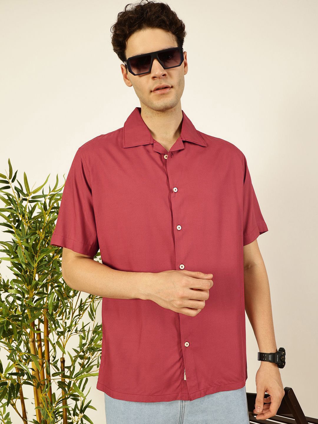 Rust Premium Cuban Collar Solid Oversized Casual Shirt For Men