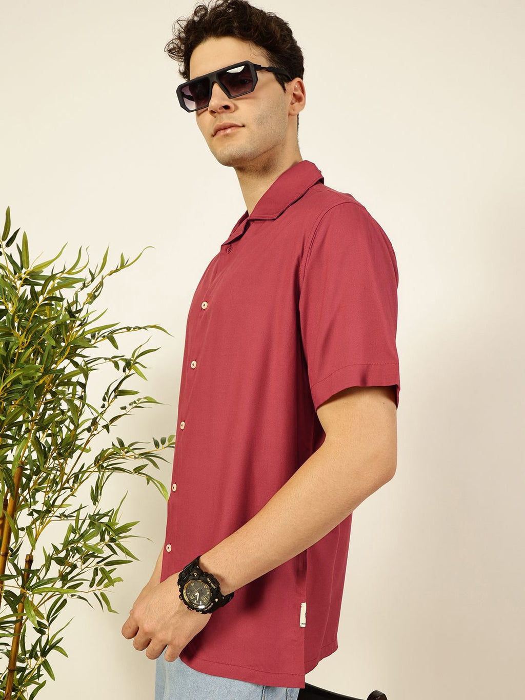 Rust Premium Cuban Collar Solid Oversized Casual Shirt For Men