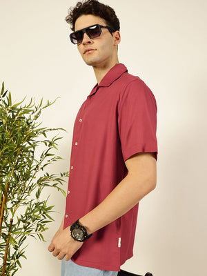 Rust Premium Cuban Collar Solid Oversized Casual Shirt For Men
