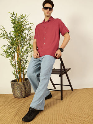 Rust Premium Cuban Collar Solid Oversized Casual Shirt For Men