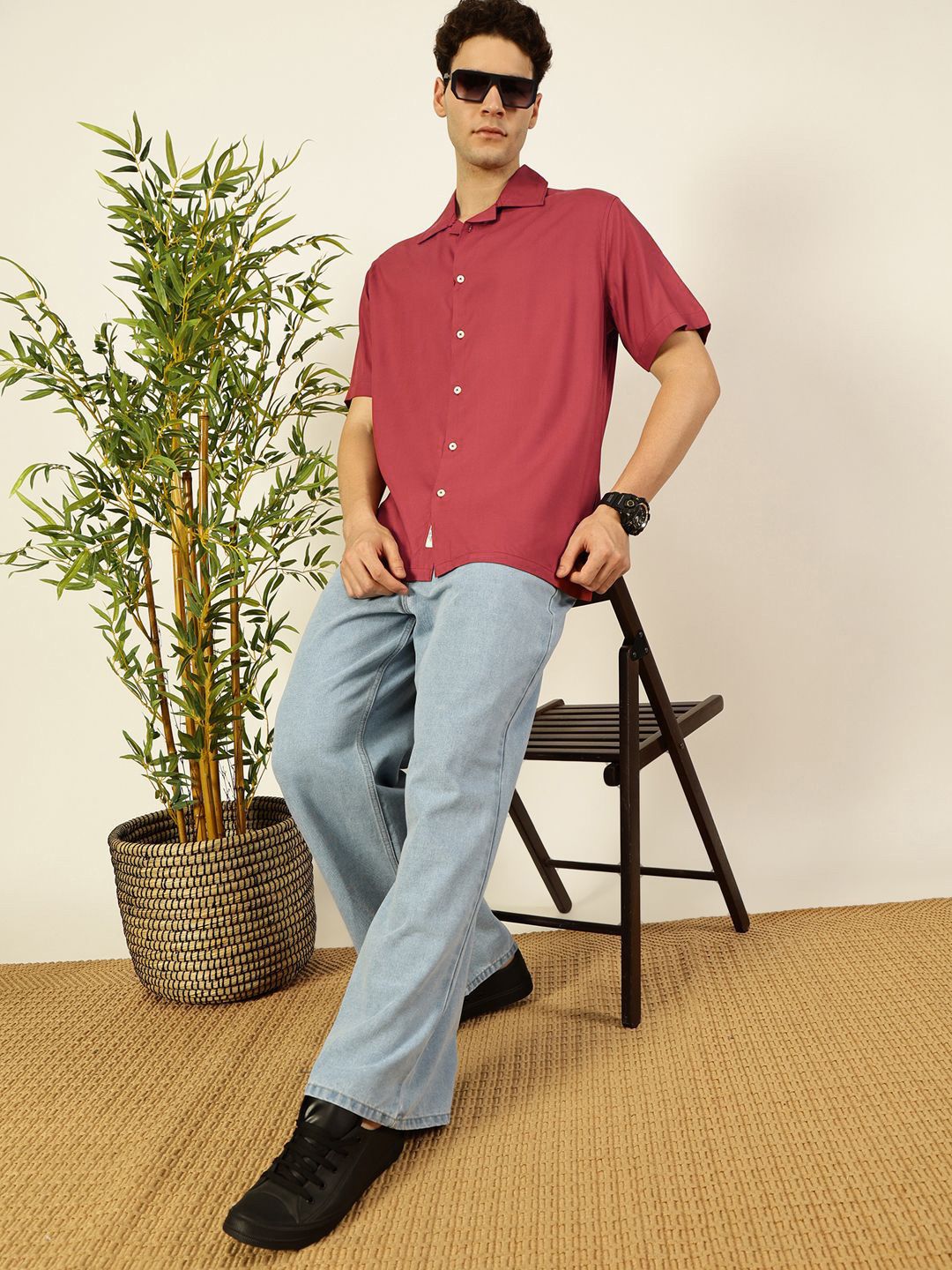 Rust Premium Cuban Collar Solid Oversized Casual Shirt For Men