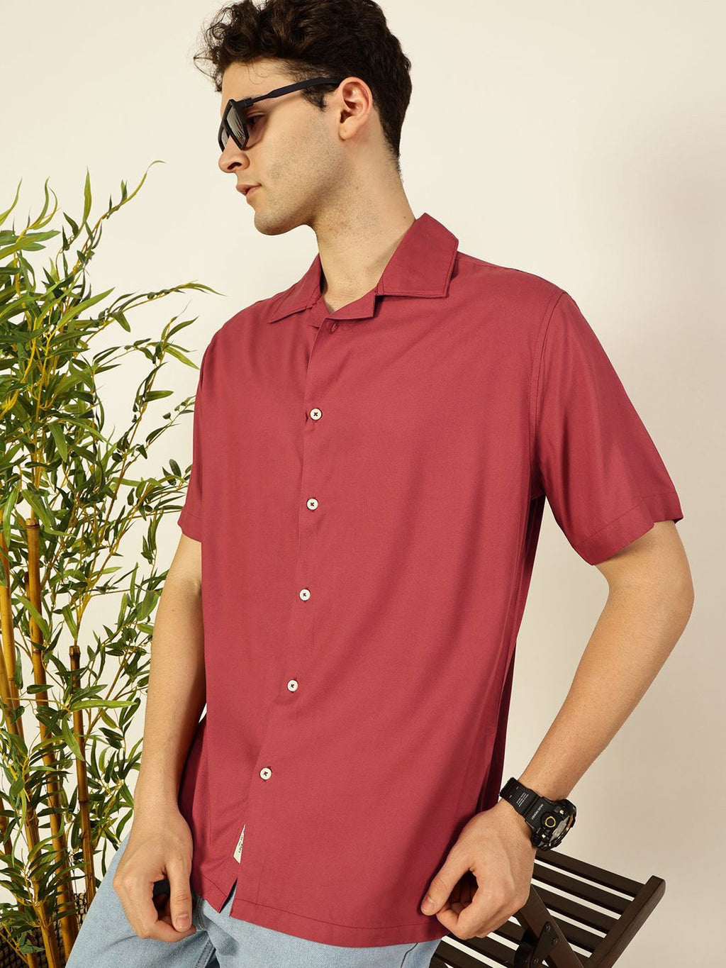 Rust Premium Cuban Collar Solid Oversized Casual Shirt For Men