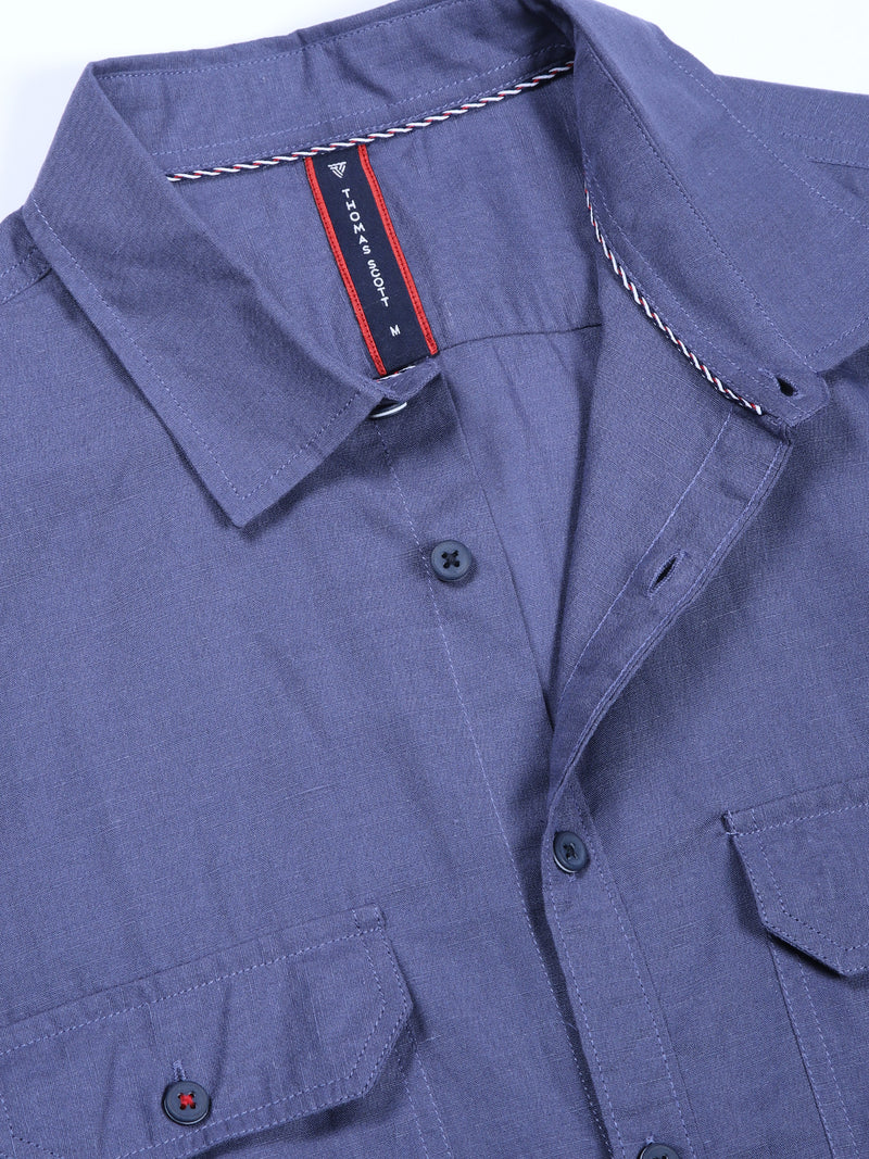 Thomas Scott Men Blue Slim Fit Solid Linen Casual Shirt