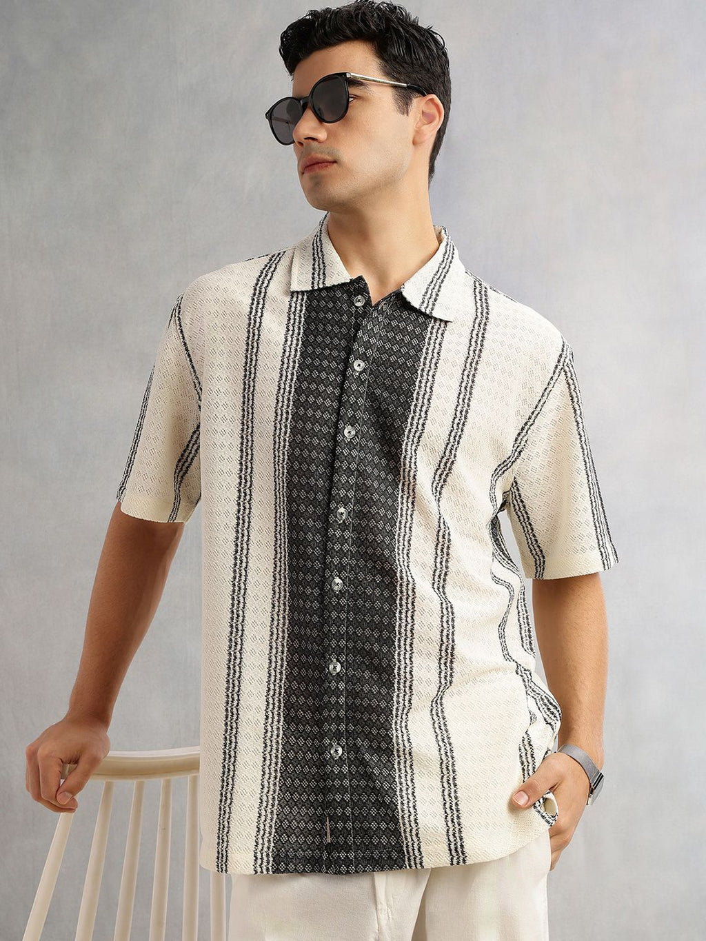 Black Self Design Textured Regular Fit Semi-Sheer Casual Crochet Shirt For Men