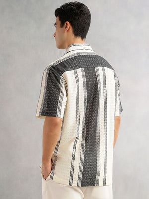 Black Self Design Textured Regular Fit Semi-Sheer Casual Crochet Shirt For Men