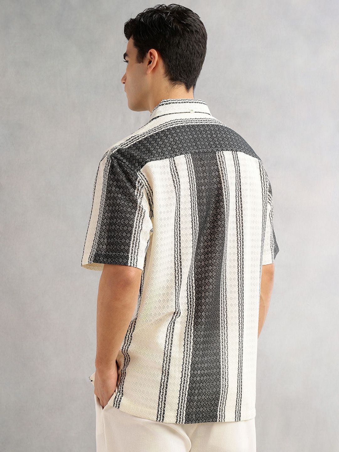 Black Self Design Textured Regular Fit Semi-Sheer Casual Crochet Shirt For Men