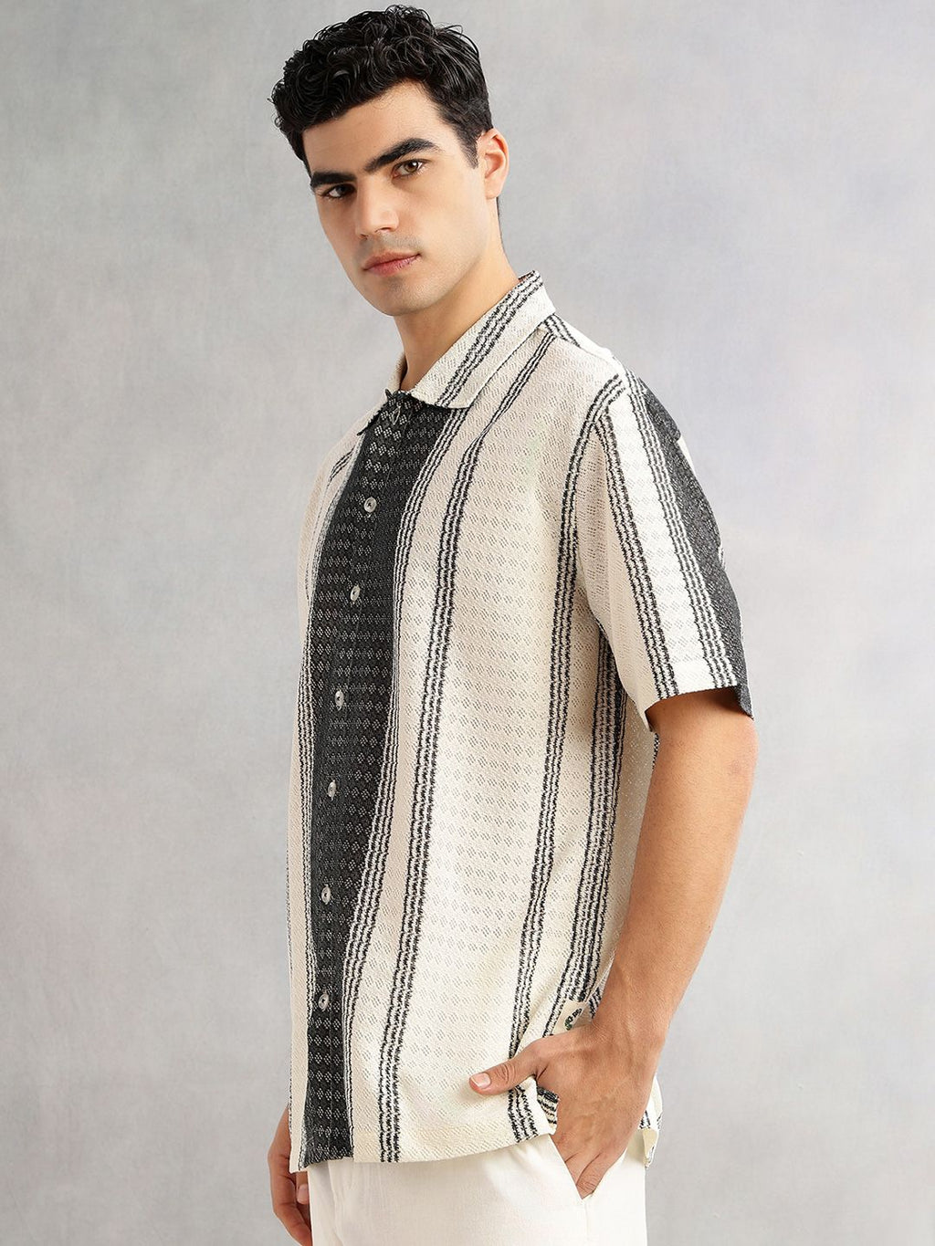 Black Self Design Textured Regular Fit Semi-Sheer Casual Crochet Shirt For Men