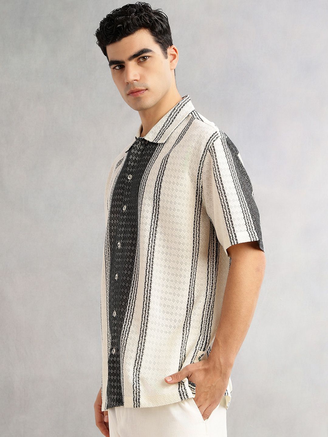 Black Self Design Textured Regular Fit Semi-Sheer Casual Crochet Shirt For Men