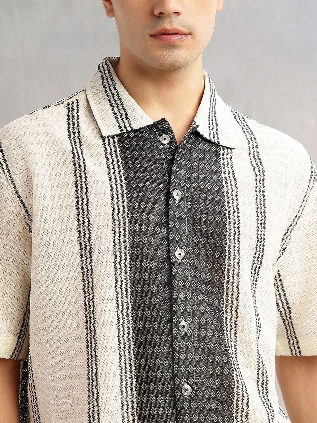 Black Self Design Textured Regular Fit Semi-Sheer Casual Crochet Shirt For Men