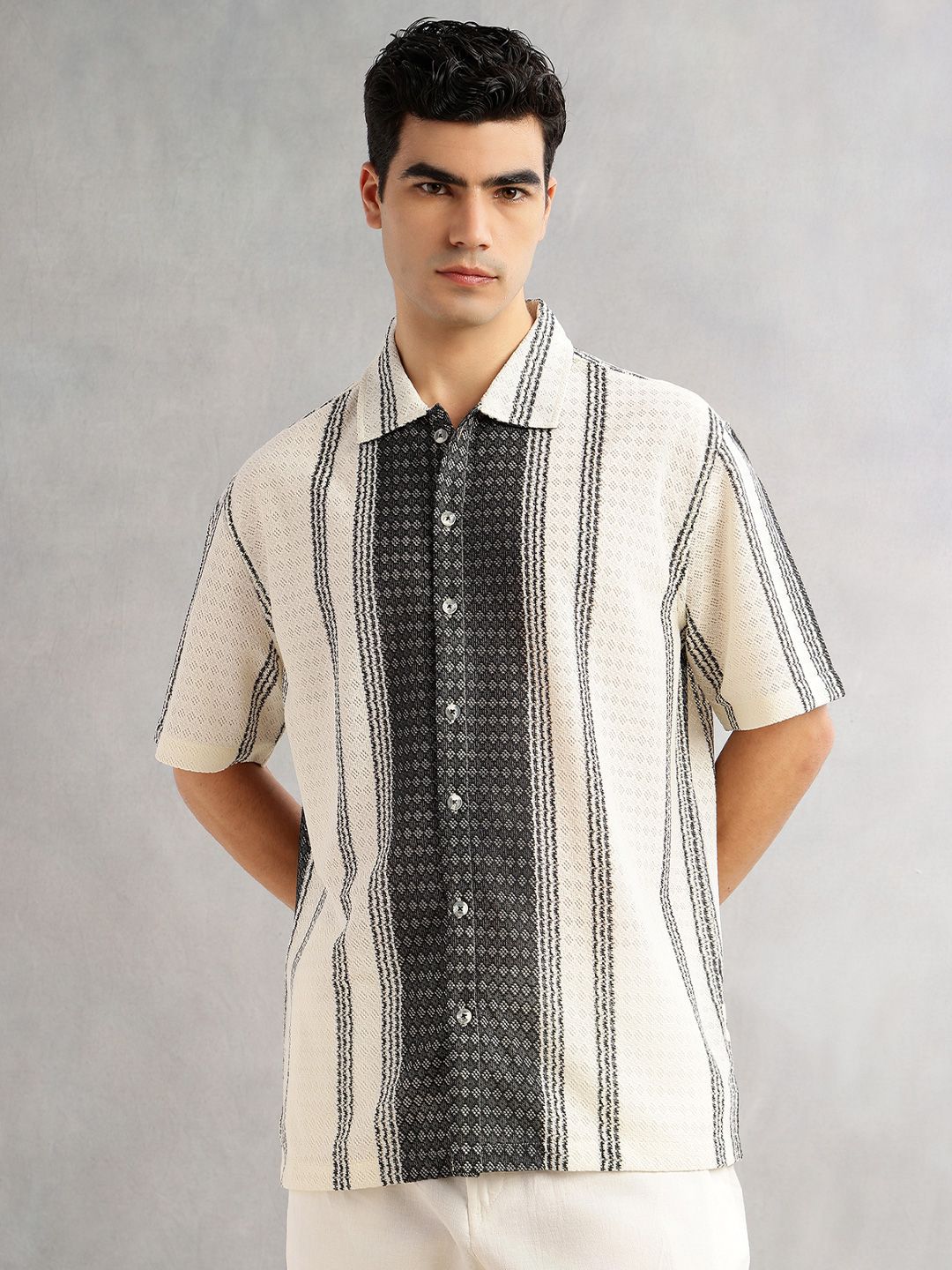 Black Self Design Textured Regular Fit Semi-Sheer Casual Crochet Shirt For Men