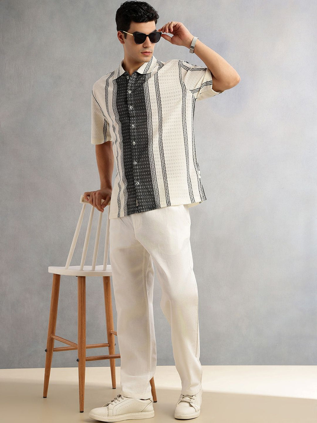 Black Self Design Textured Regular Fit Semi-Sheer Casual Crochet Shirt For Men