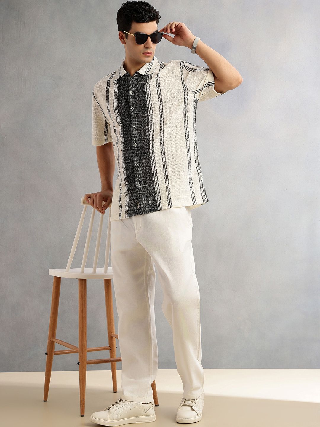 Black Self Design Textured Regular Fit Semi-Sheer Casual Crochet Shirt For Men