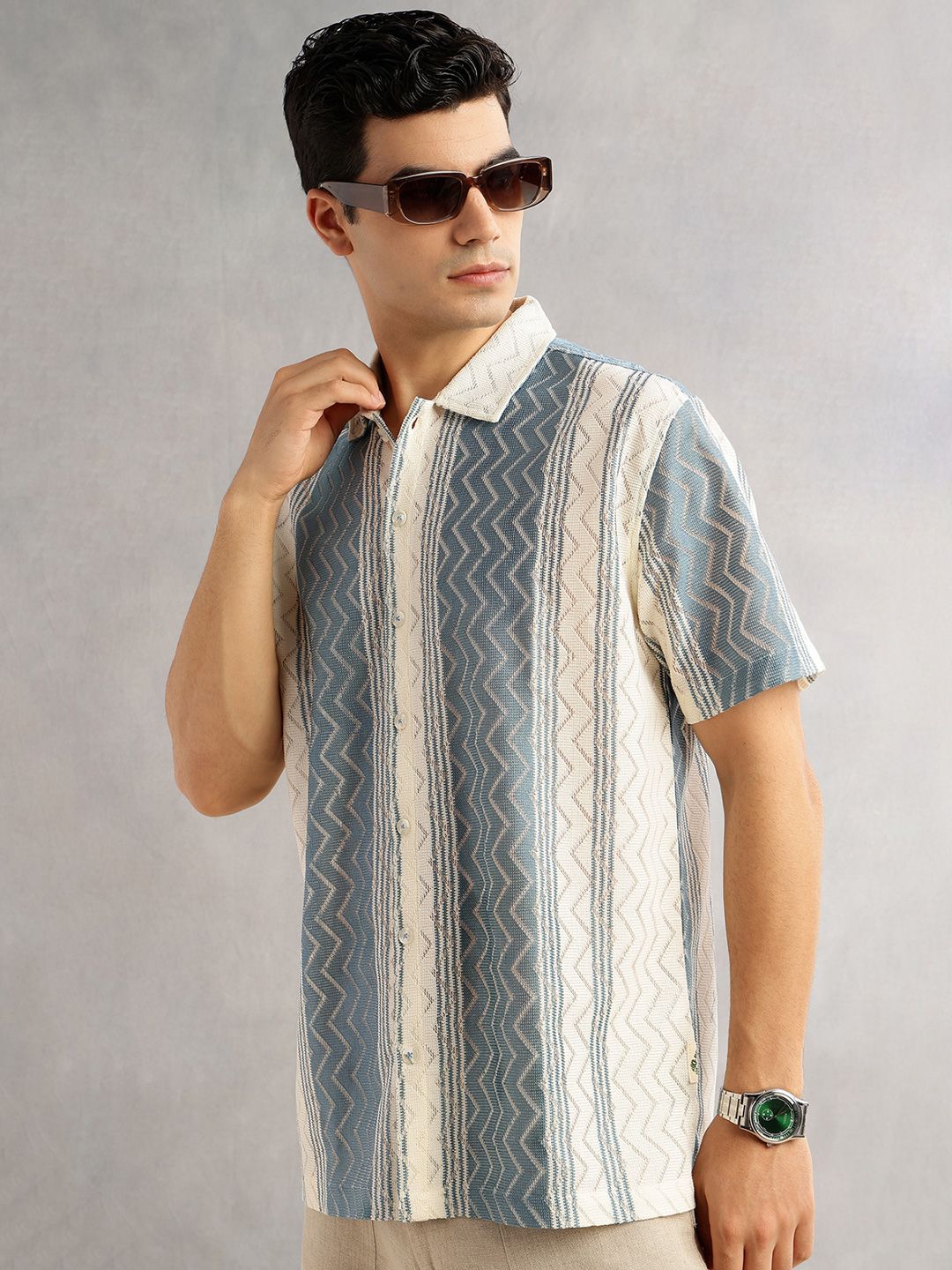 Blue Geometric Printed Regular Fit Semi-Sheer Casual Crochet Shirt For Men