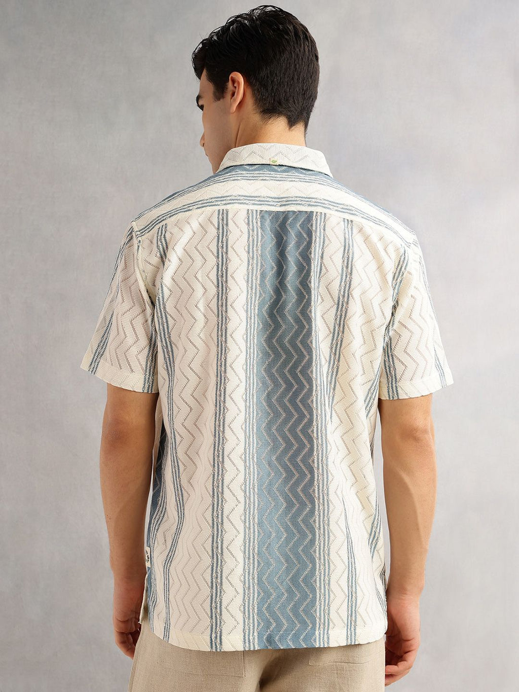 Blue Geometric Printed Regular Fit Semi-Sheer Casual Crochet Shirt For Men