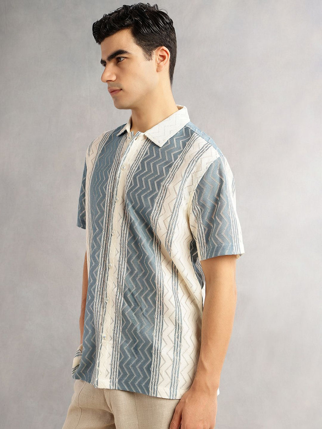 Blue Geometric Printed Regular Fit Semi-Sheer Casual Crochet Shirt For Men