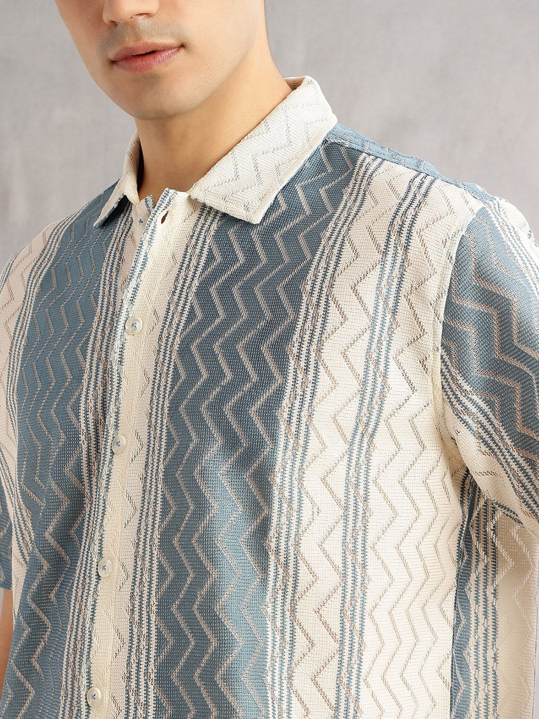 Blue Geometric Printed Regular Fit Semi-Sheer Casual Crochet Shirt For Men